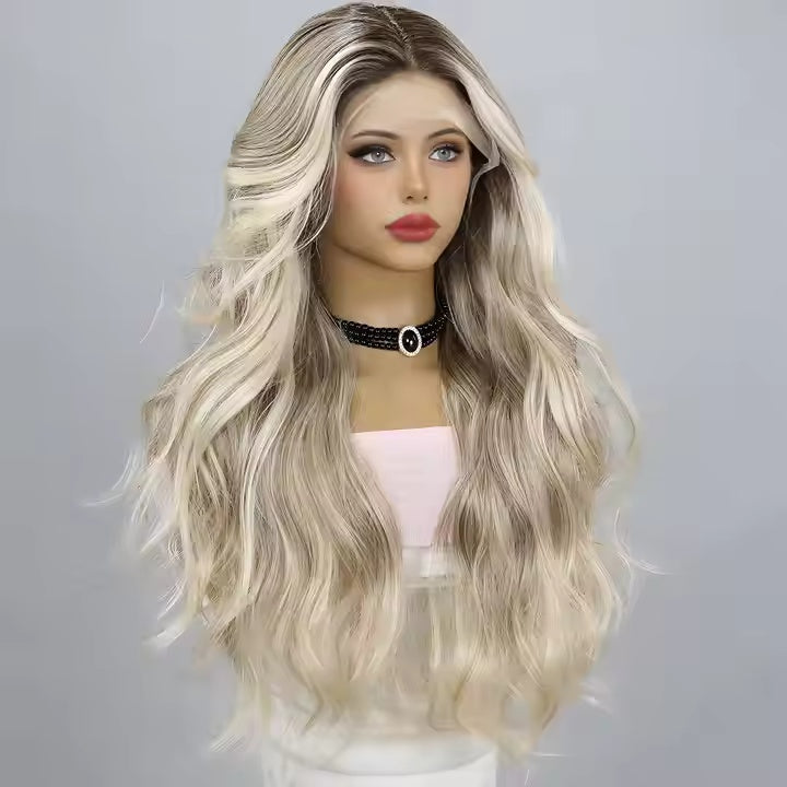 European And American Fashion T-shaped Lace Gold Gradient Wavy Curly Hair Wigs