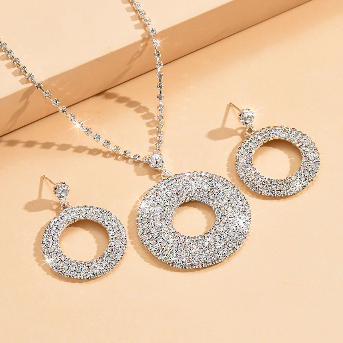Silver Diamond Earrings Ring Necklace Set for Women
