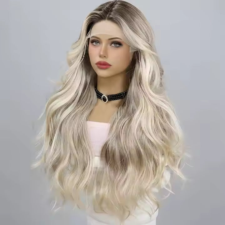 European And American Fashion T-shaped Lace Gold Gradient Wavy Curly Hair Wigs